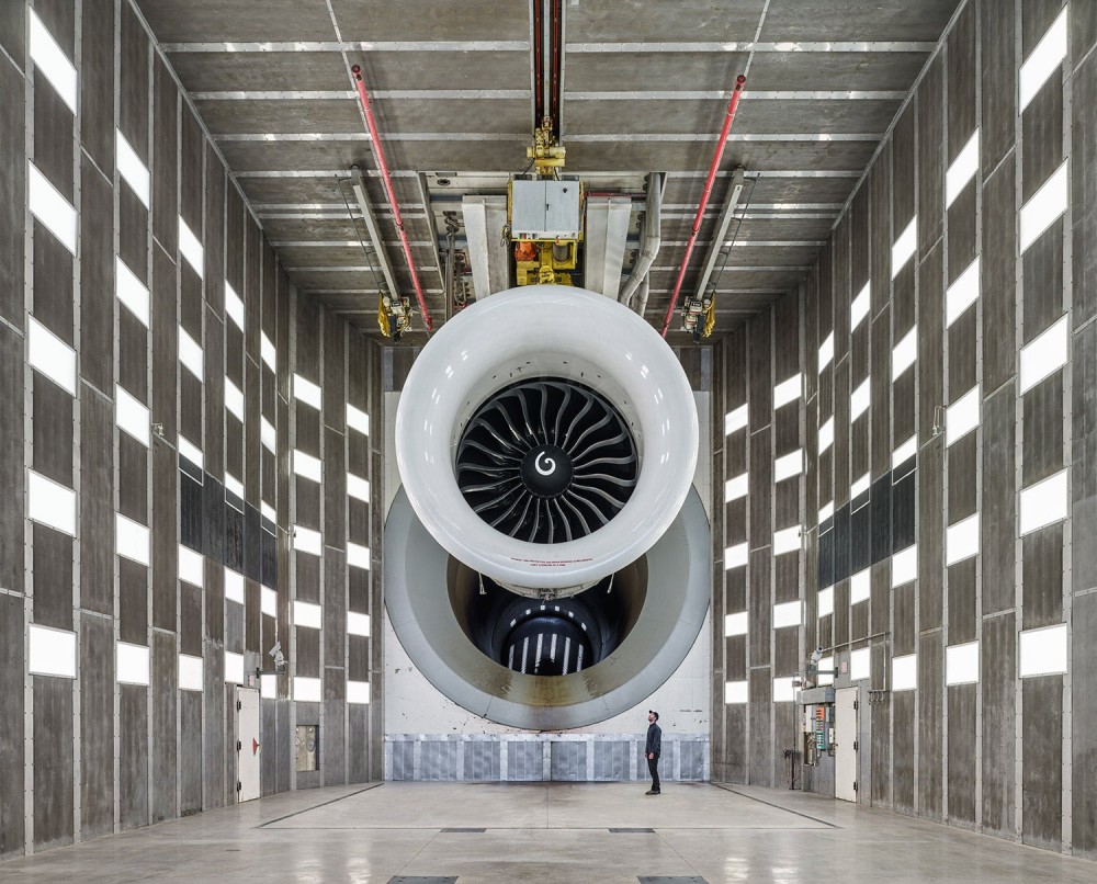 interior of GE airplane engine test room