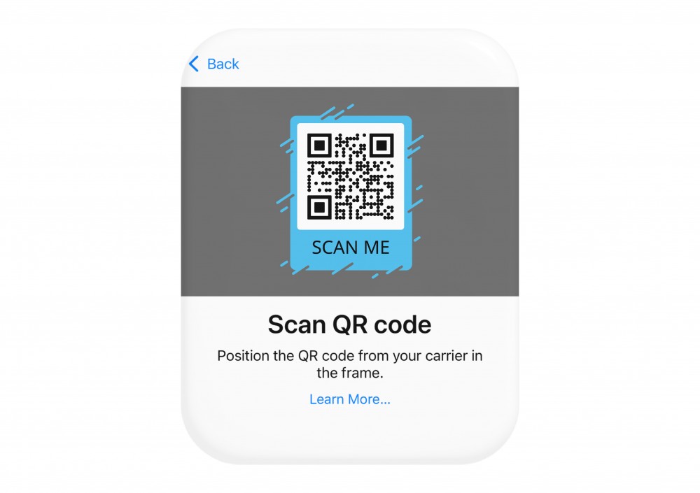 Visual depicting scanning a QR code from the Settings app in order to add a second line/eSIM to an iPhone