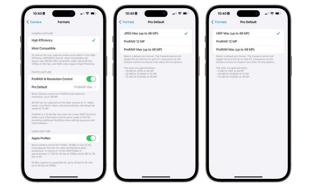 iPhone 14 Pro iOS 17 48MP format settings