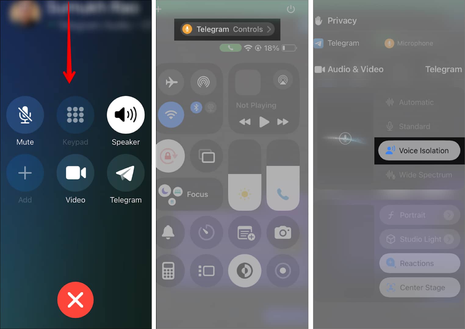 Enabling the Voice Isolation option in the Control Center to remove background noise on a call.