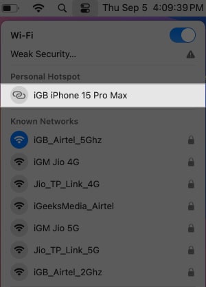 Connecting to iPhone's Personal Hotspot on an Mac.