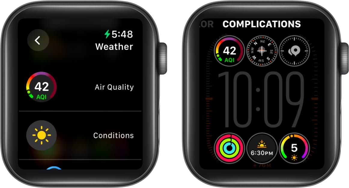 Selecting the AQI complication for the Weather app on an Apple Watch.