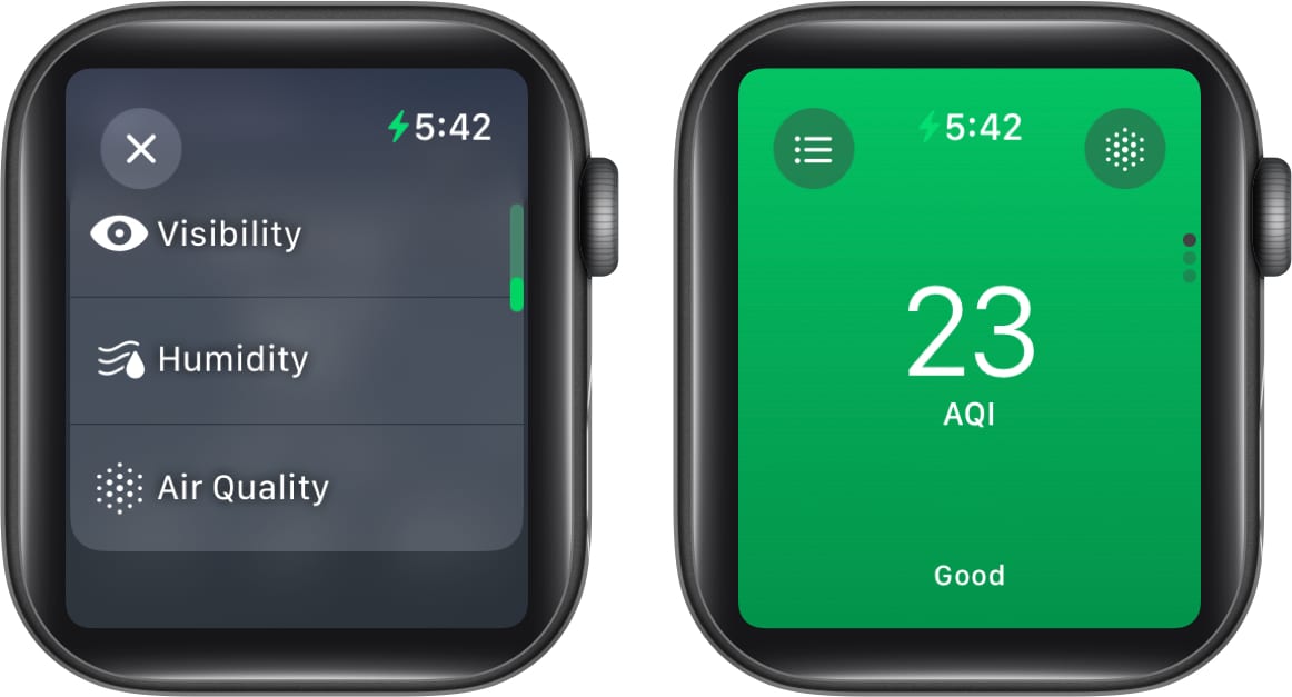 Accessing the AQI on the Weather app on an Apple Watch.