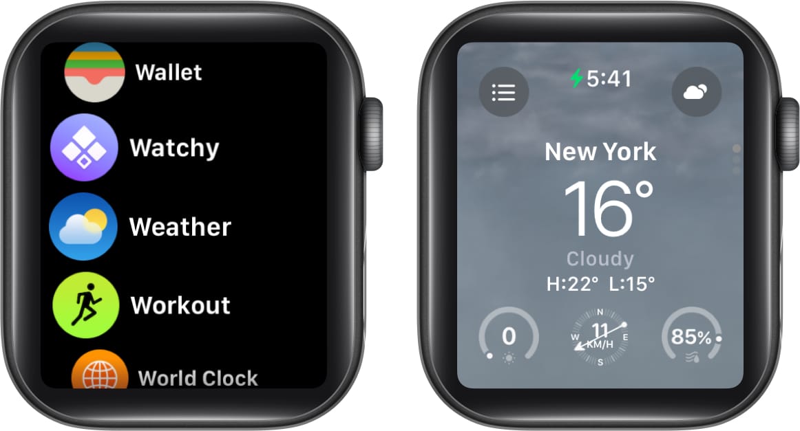 Weather app on an Apple Watch.