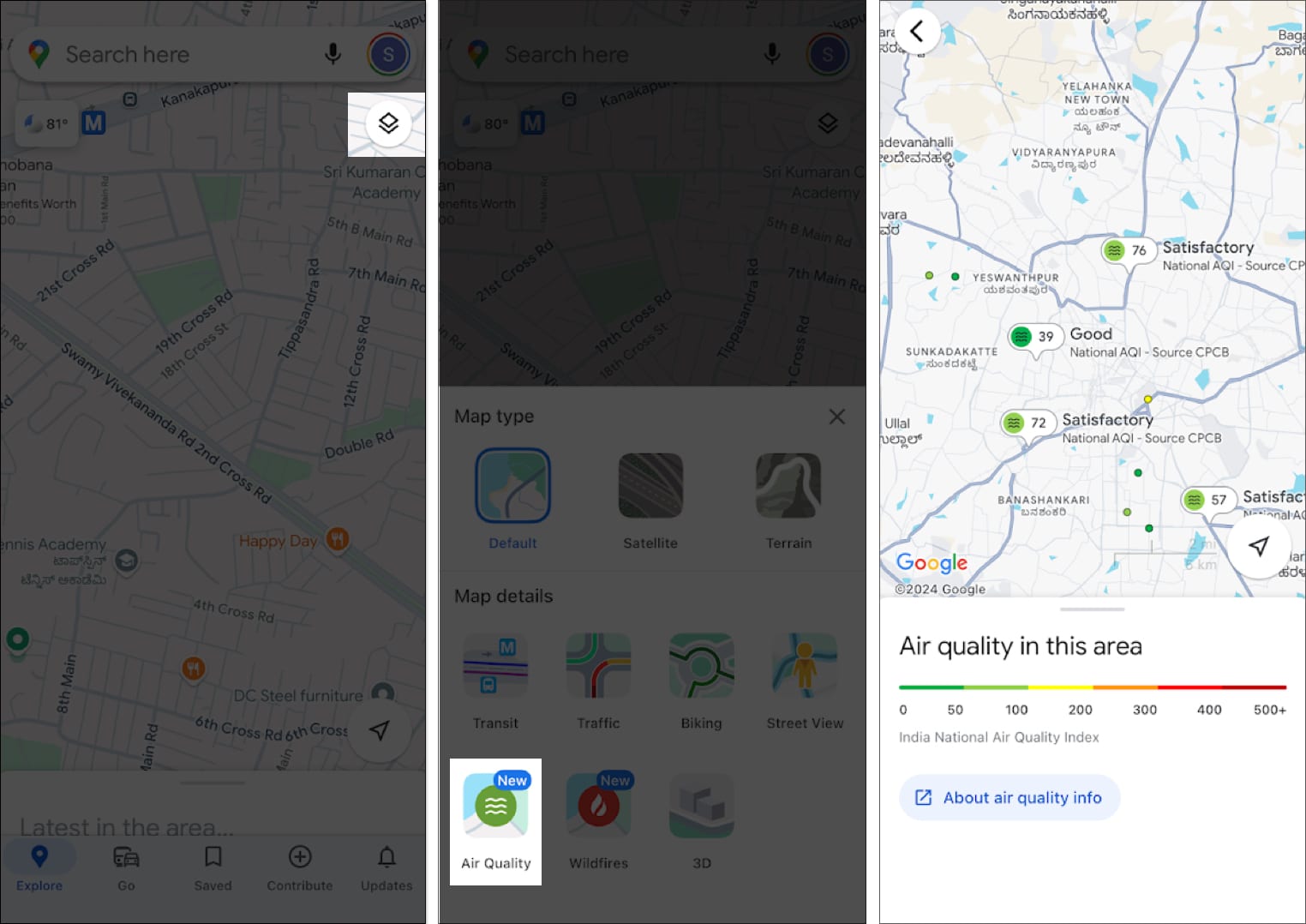 Checking Air Quality Index for a location in Google Maps on an iPhone.