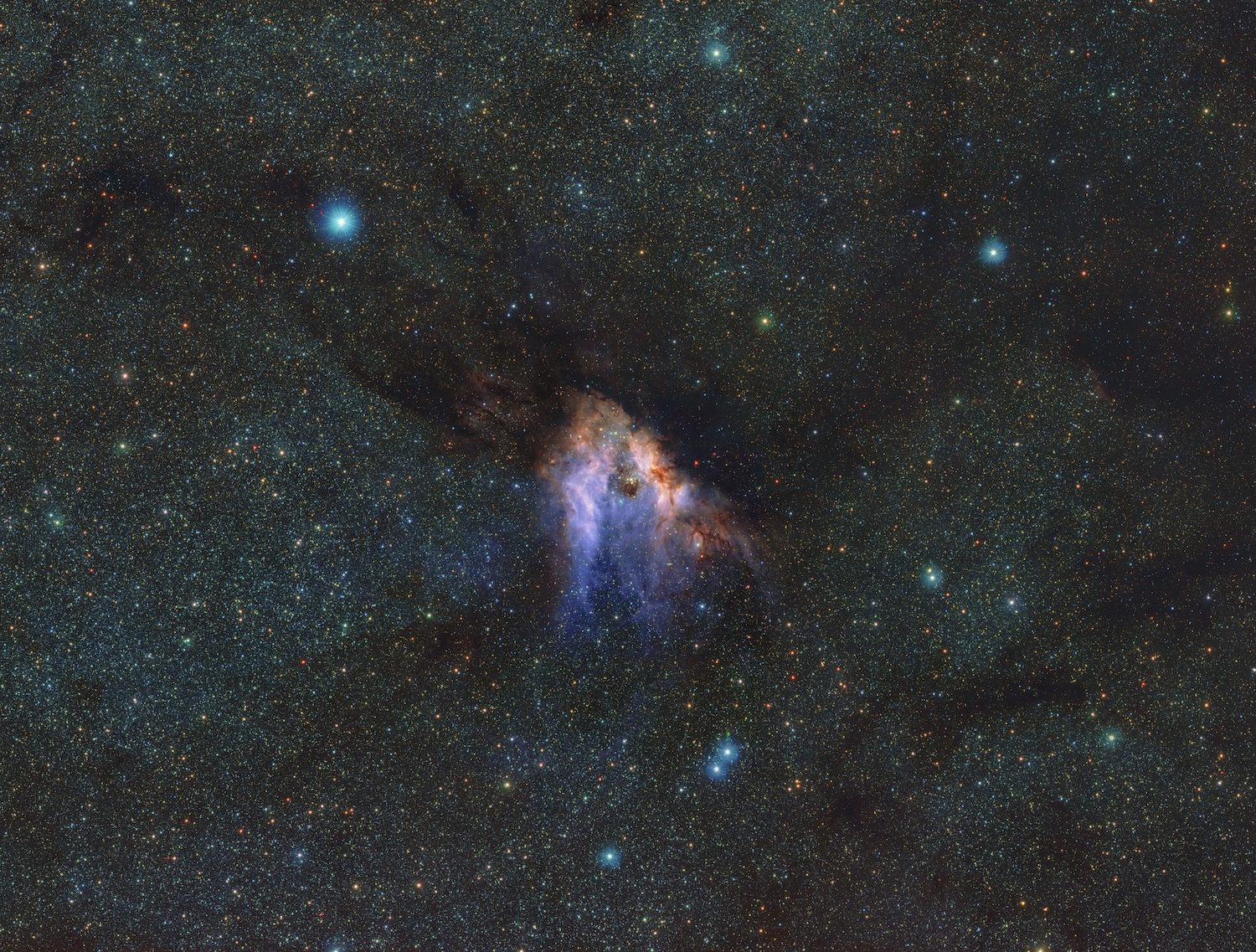 This image shows a detailed infrared view of Messier 17, also known as the Omega Nebula or Swan Nebula, a stellar nursery located about 5500 light-years away in the constellation Sagittarius. This image is part of a record-breaking infrared map of the Milky Way containing more than 1.5 billion objects. ESO’s VISTA ― the Visible and Infrared Survey Telescope for Astronomy ― captured the images with its infrared camera VIRCAM. The data were gathered as part of the VISTA Variables in the Vía Láctea (VVV) survey and its companion project, the VVV eXtended survey (VVVX).