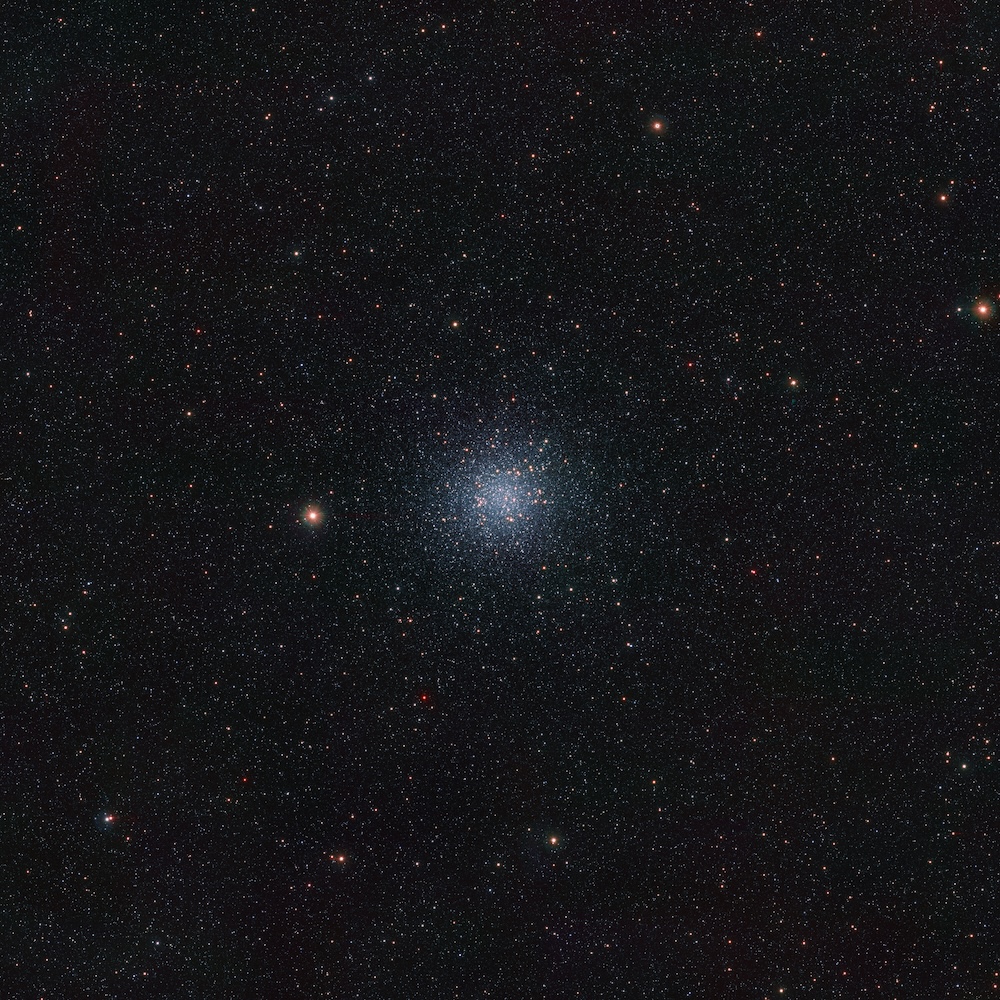 This is an infrared view of the Messier 22 globular cluster, a densely packed group of very old stars located about 10 000 light-years away in the constellation Sagittarius. The image was taken with ESO’s VISTA ― the Visible and Infrared Survey Telescope for Astronomy ― and its infrared camera VIRCAM. It is part of a record-breaking infrared map of the Milky Way containing more than 1.5 billion objects. The data were gathered as part of the VISTA Variables in the Vía Láctea (VVV) survey and its companion project, the VVV eXtended survey (VVVX).