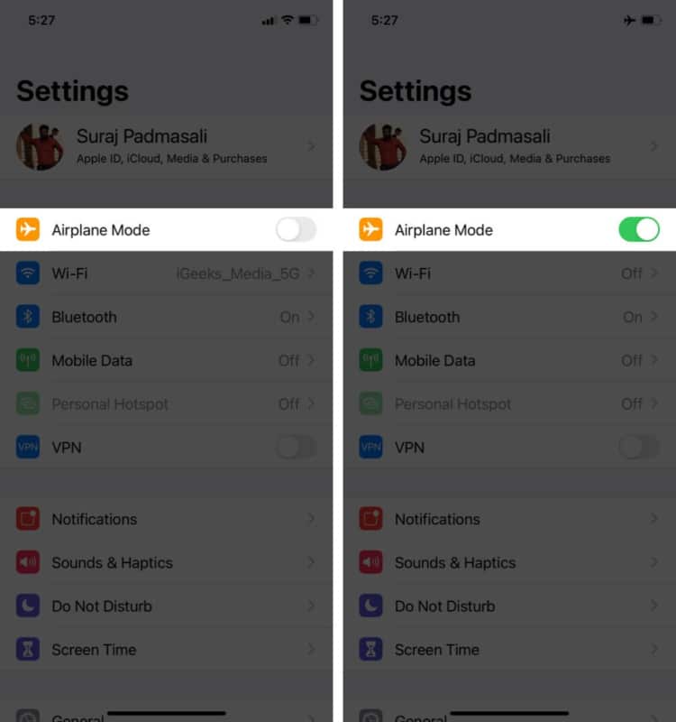 turn on Airplane mode on iPhone