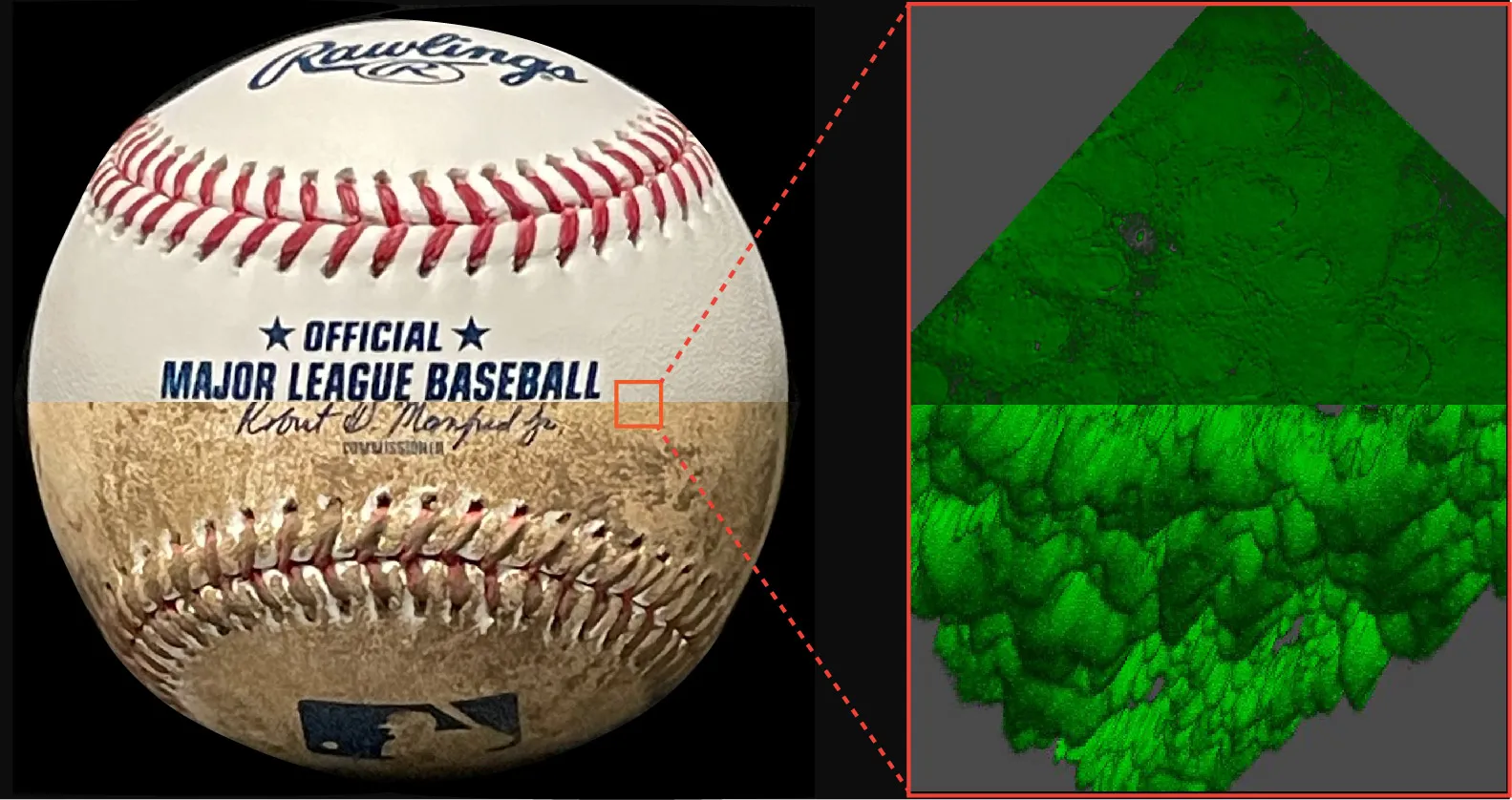 a 3D reconstructed image of bare and mudded baseball surfaces 