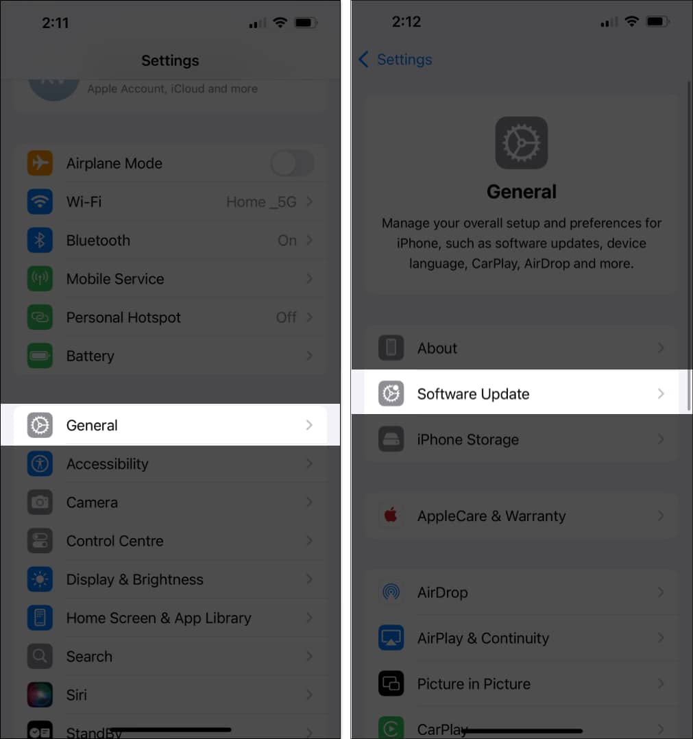 Tap on General and Software Update in iPhone settings.