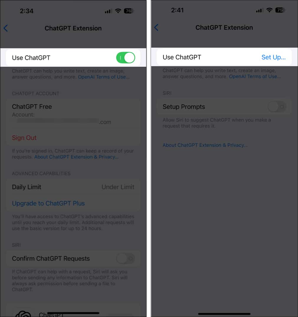 Toggling off ChatGPT in iPhone Settings.