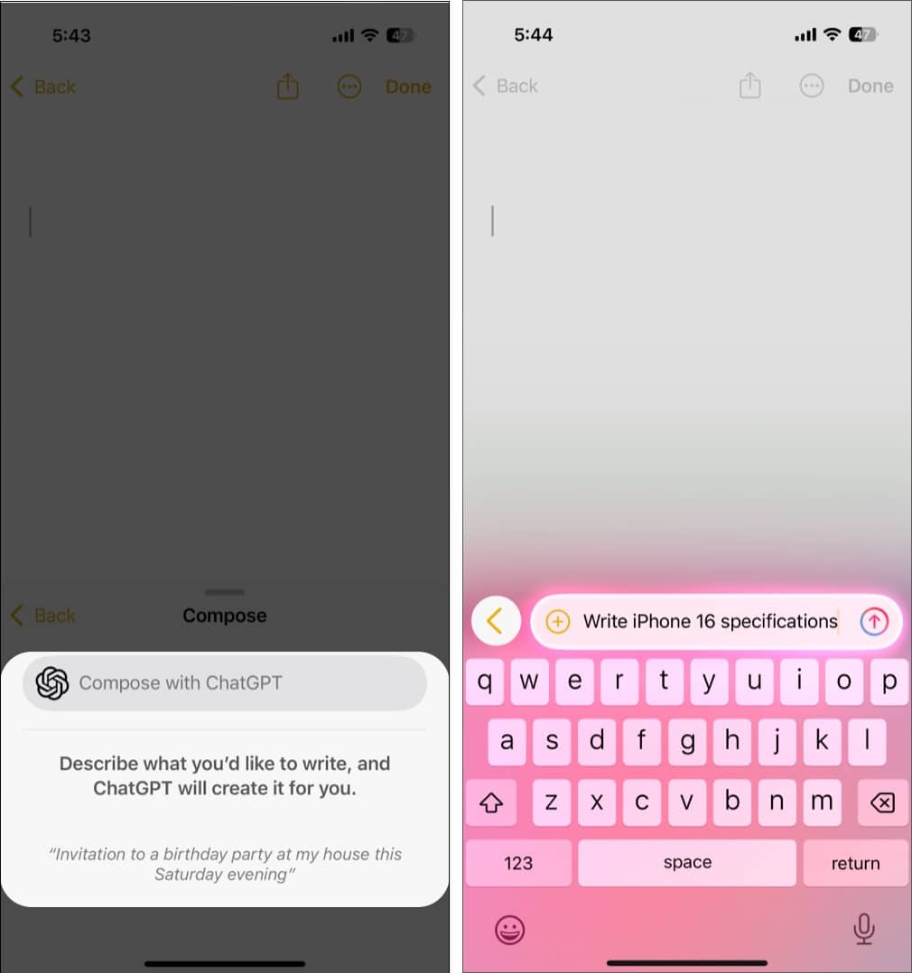 Using the ChatGPT Compose prompt in the Notes app on an iPhone.