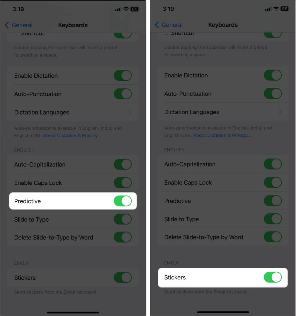 go to keyboard settings and toggle on predictive and stickers in settings