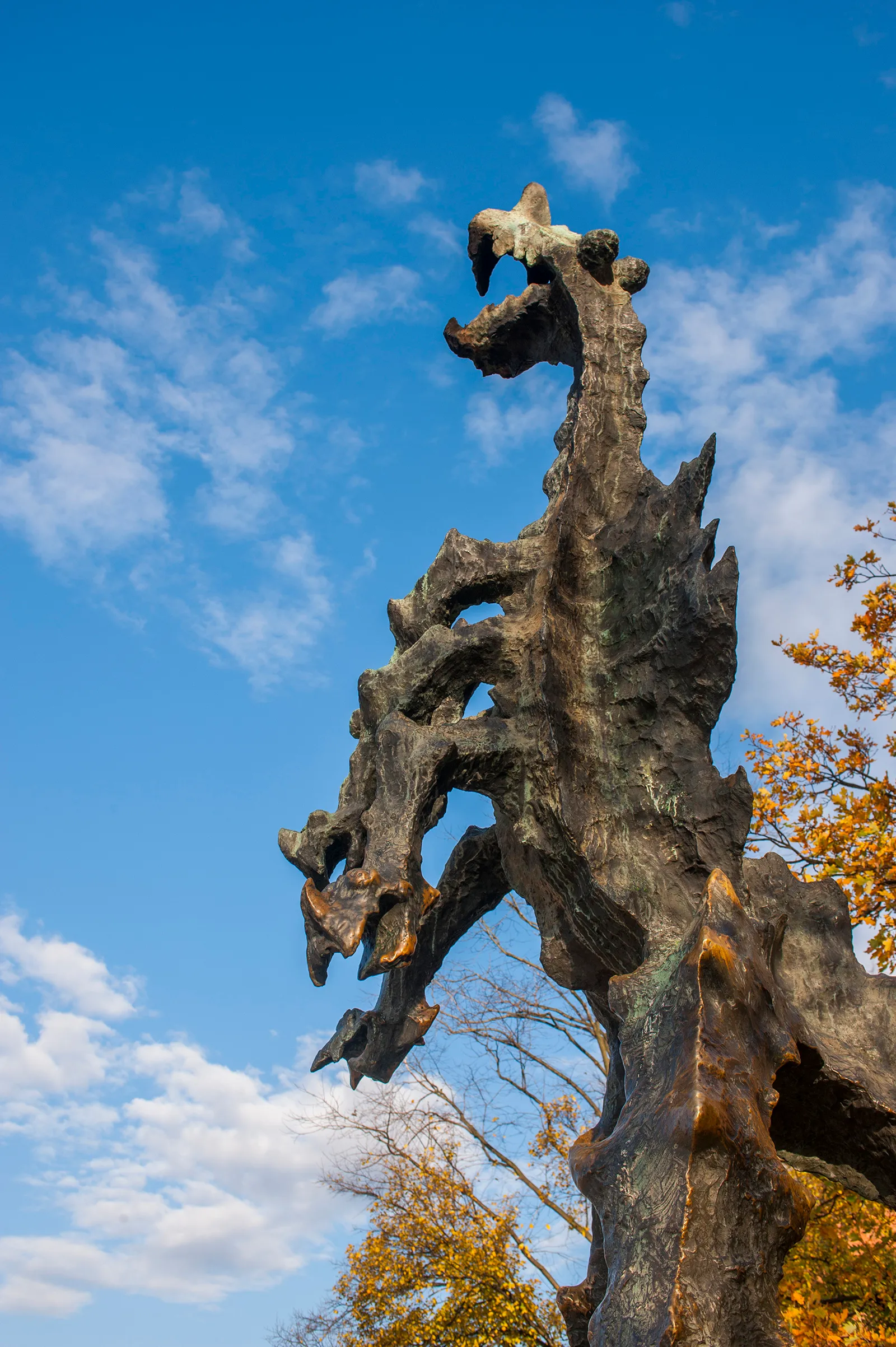 A metal dragon statue in front of the Wawel Castle (UNESCO World Heritage Site) in Krakow, Poland. CREDIT: Wolfgang Kaehler/LightRocket via Getty Images.