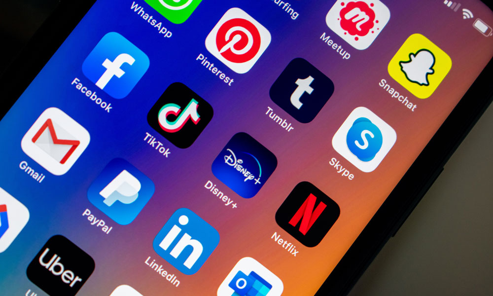 iPhone homescreen with TikTok Facebook LinkedIn Disney Netflix PayPal Pinterest Gmail