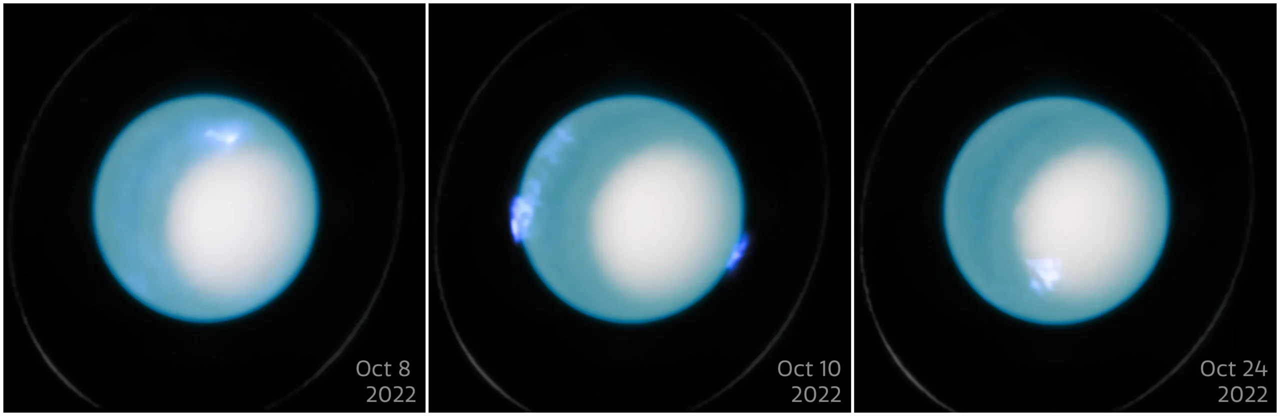 This visual showcases 3 images from the NASA/ESA Hubble Space Telescope of the dynamic aurora on Uranus in October 2022. These observations were made by the Space Telescope Imaging Spectrograph (STIS) and includes both visible and ultraviolet data. An international team of astronomers used Hubble to make new measurements of Uranus' interior rotation rate by analysing more than a decade of the telescope’s observations of Uranus’ aurorae. This refinement of the planet’s rotation period achieved a level of accuracy 1000 times greater than previous estimates and serves as a crucial new reference point for future planetary research. [Image description: This visual shows three panels that each show Uranus and dynamic aurora activity. The images were captured in October 2022 on the 8th, 10, and 24th respectively. Each image shows a centred planet with a strong blue hue and a visible white region. A faint ring is also visible around the planet in each image. Each image shows fuzzy blue/purple regions hovering over the planet in different locations to indicate the aurorae.]