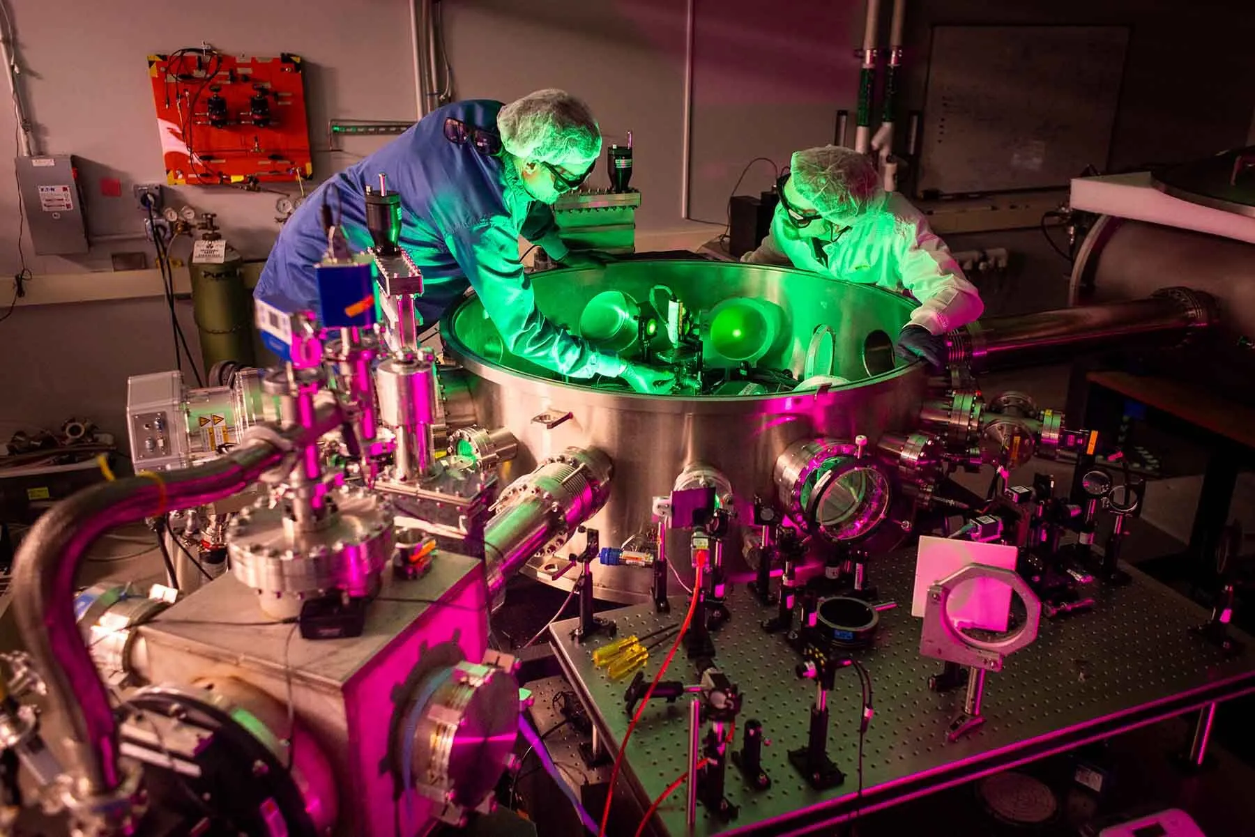 John Nees (left) and laser engineer Paul Campbell (right) work in Target Area 1, where the first 2 petawatt user experiment will take place. ZEUS is now the most powerful laser in the U.S. Image credit: Marcin Szczepanski, Michigan Engineering