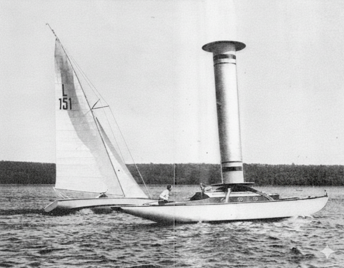 A high-quality, black and white photograph of two sailboats on a lake. In the foreground, a modern sailboat with a tall, cylindrical rotor mast is visible. In the background, a traditional sailboat with a triangular sail is also present. The photo captures a sense of motion, with waves on the water and a clear shoreline and forest in the distance.