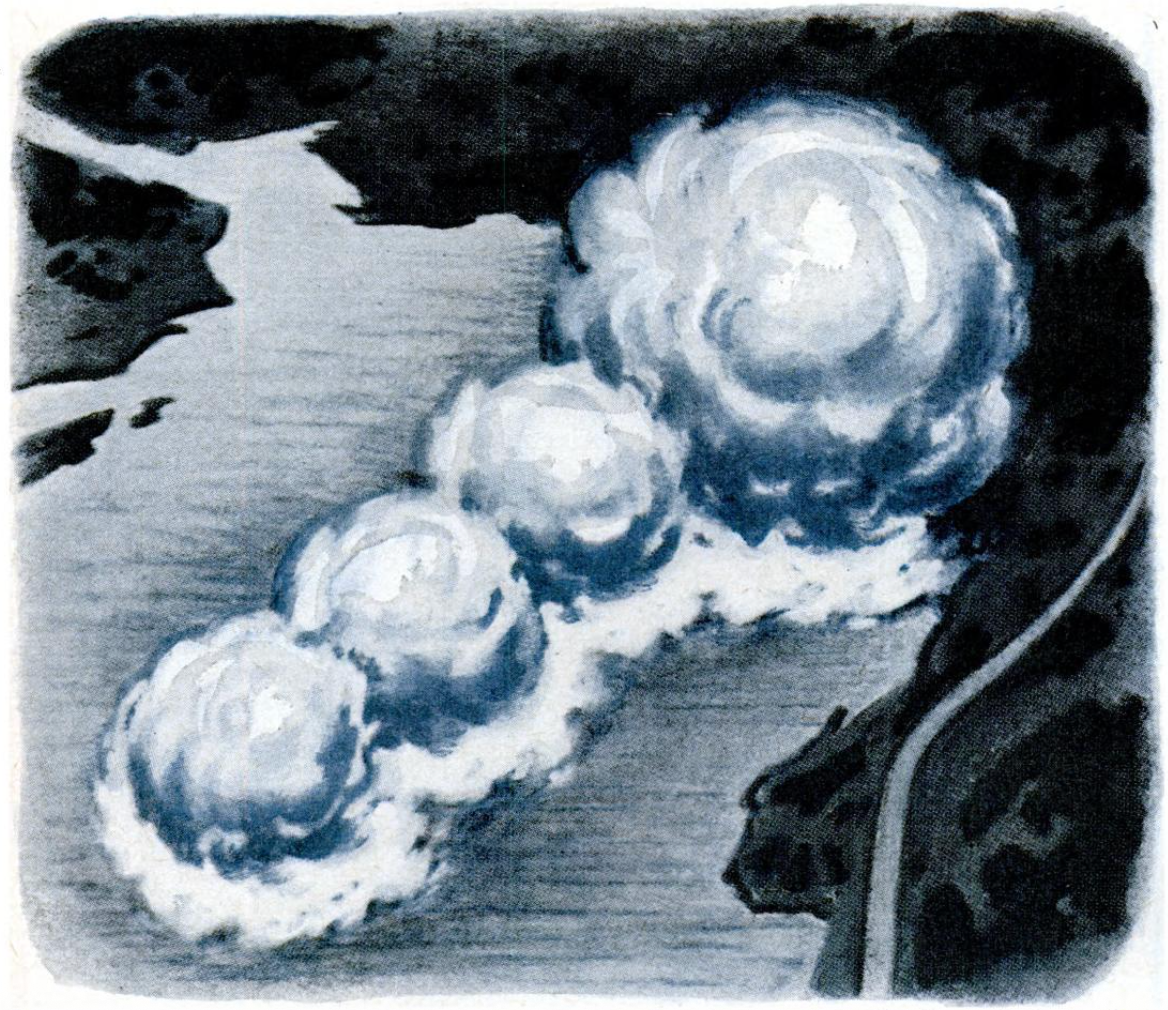 
An illustration depicts four large, round, white and blue explosions rising from a body of water, resembling a series of mushroom clouds. A dark coastline is visible to the right and top left, while the main area is a lighter expanse of water, suggesting a landscape affected by the blasts.