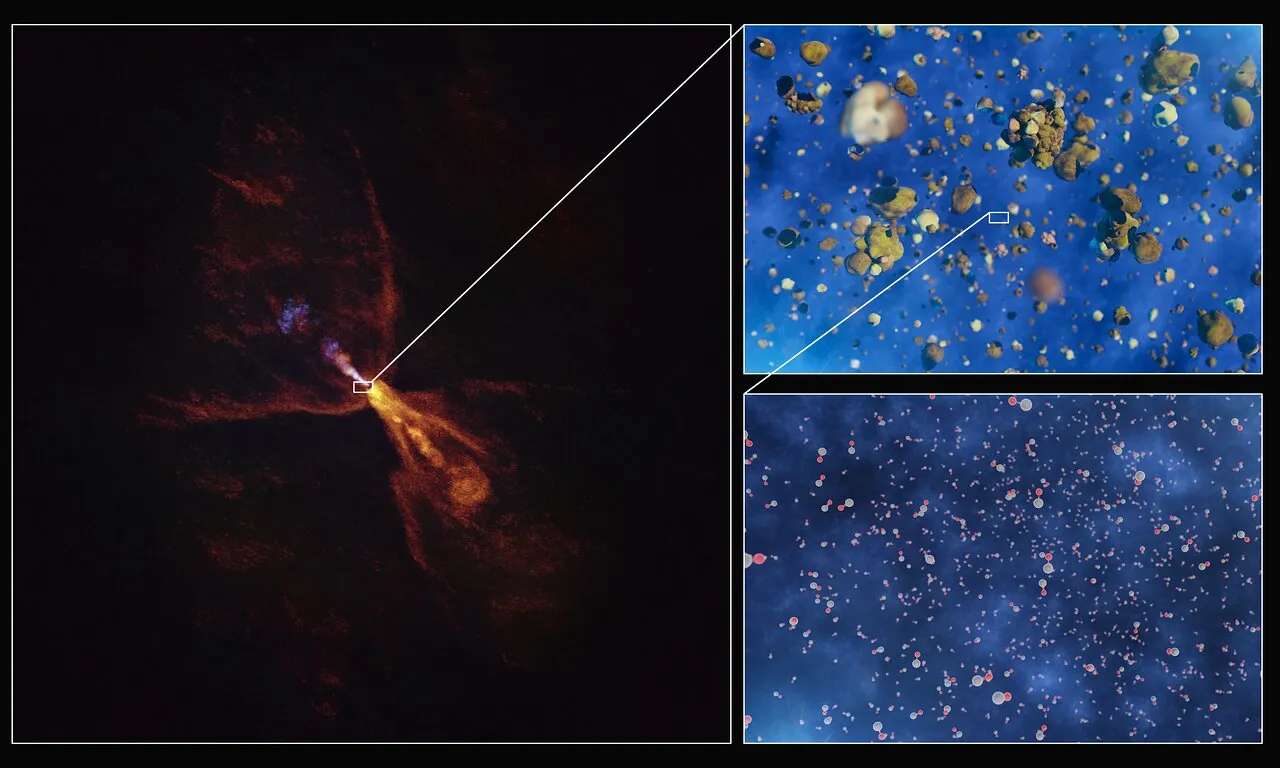 These images illustrate how hot gas condenses into solid minerals around the baby star HOPS-315. The image to the left was taken with the Atacama Large Millimeter/submillimeter Array (ALMA), in which ESO is a partner. Two insets show artist’s impressions of molecules of silicon monoxide condensing into solid silicates.
