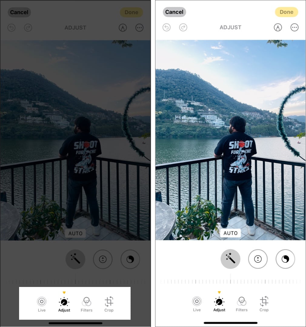 Using adjustment tools in the Photos app.