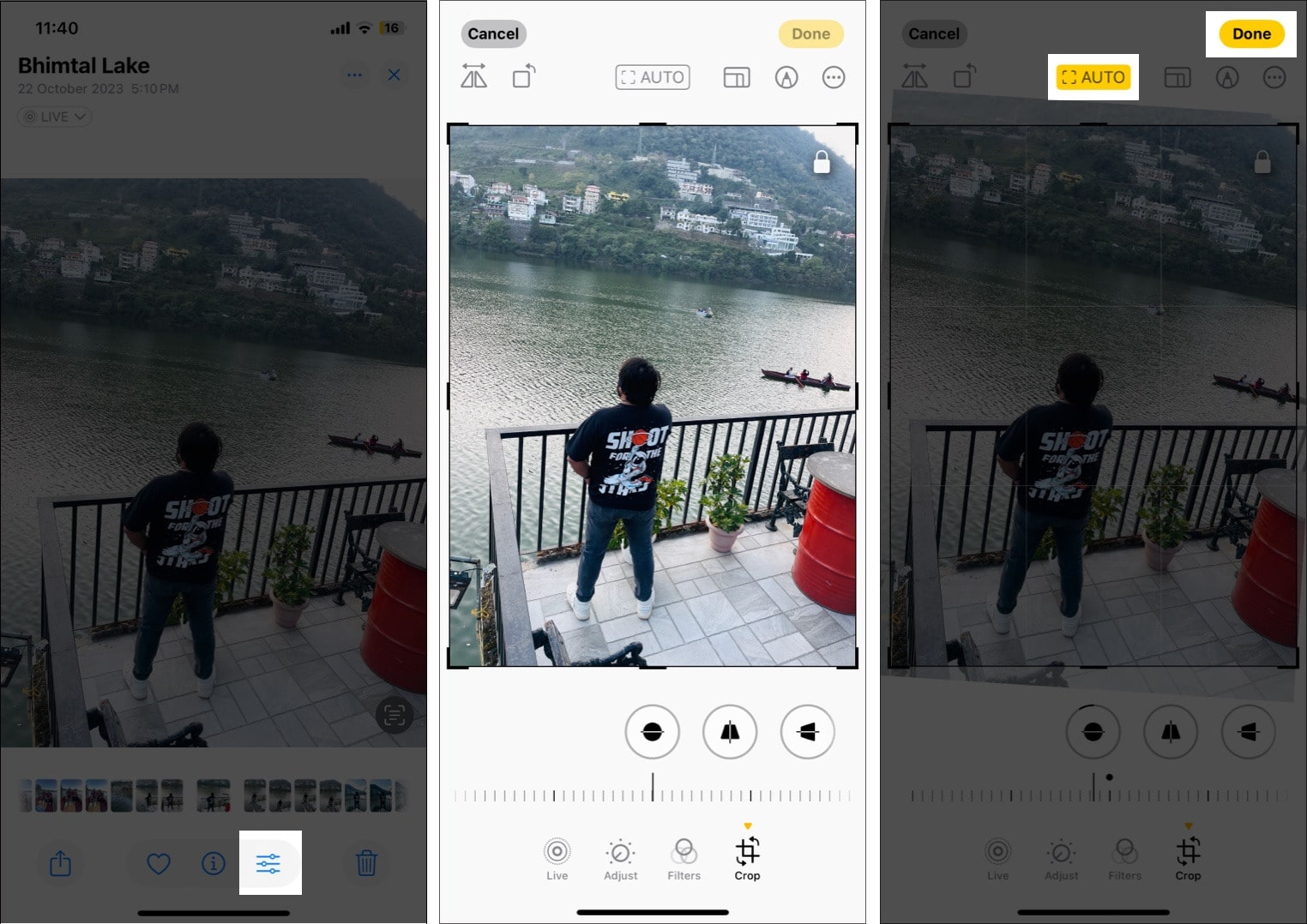 Using the auto-crop feature to crop photos automatically in the Photos app.
