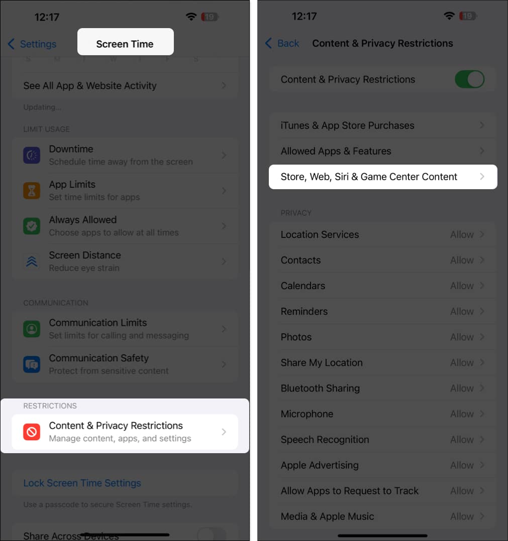 Checking content  privacy restrictions for the app store on an iphone