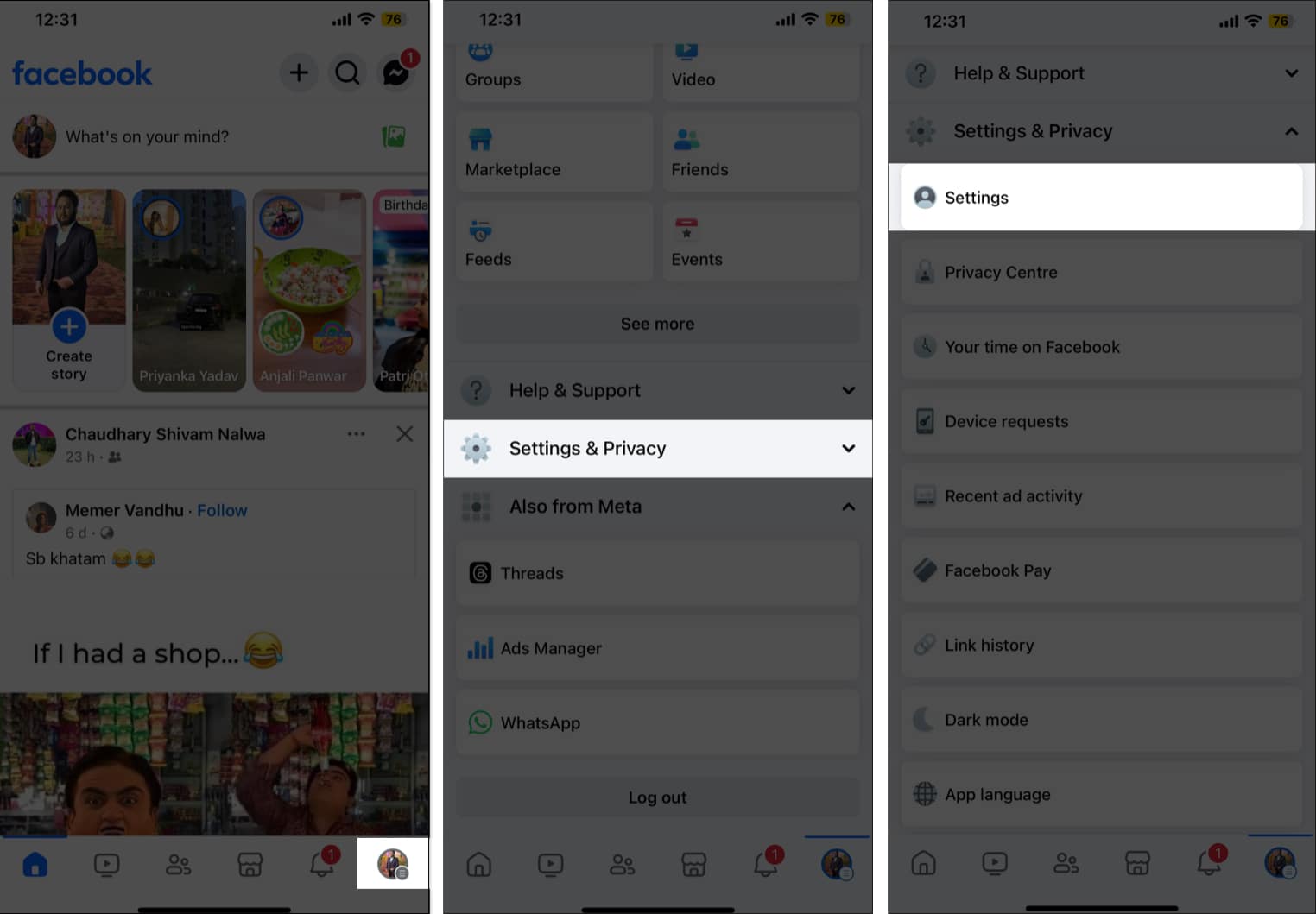Open settings and privacy in facebook app on iphone