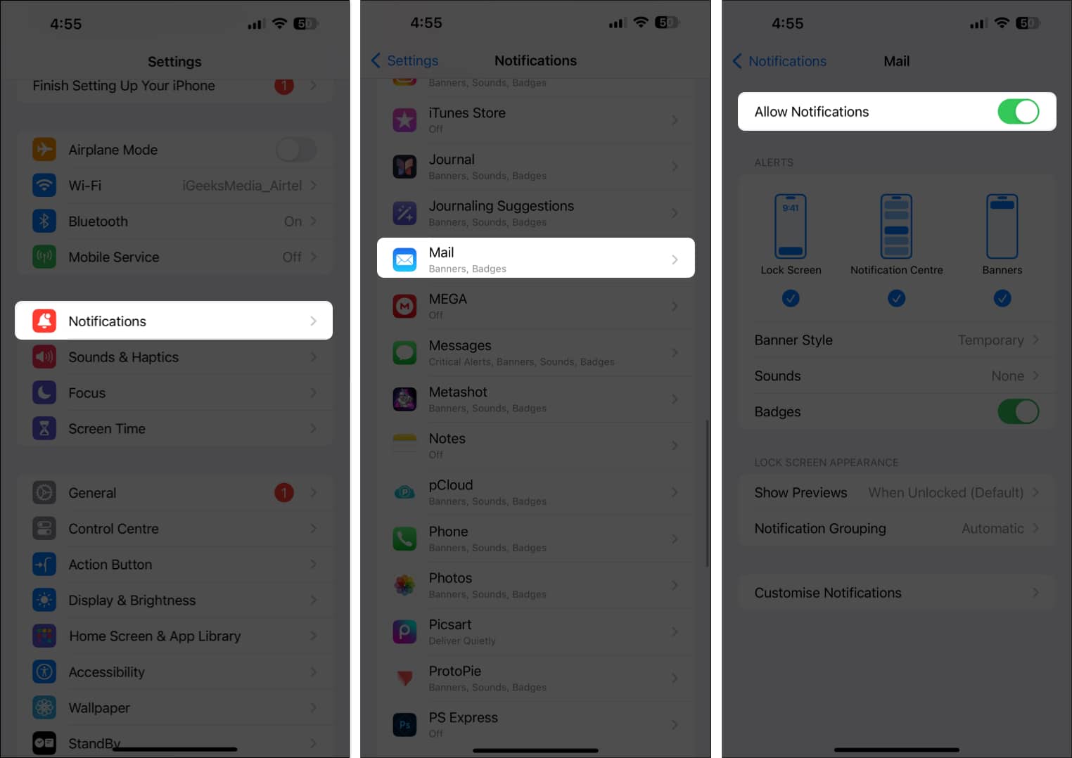 Select notifications tap on mail app and toggle on allow notifications Select Notifications, tap on Mail app and toggle on Allow Notifications