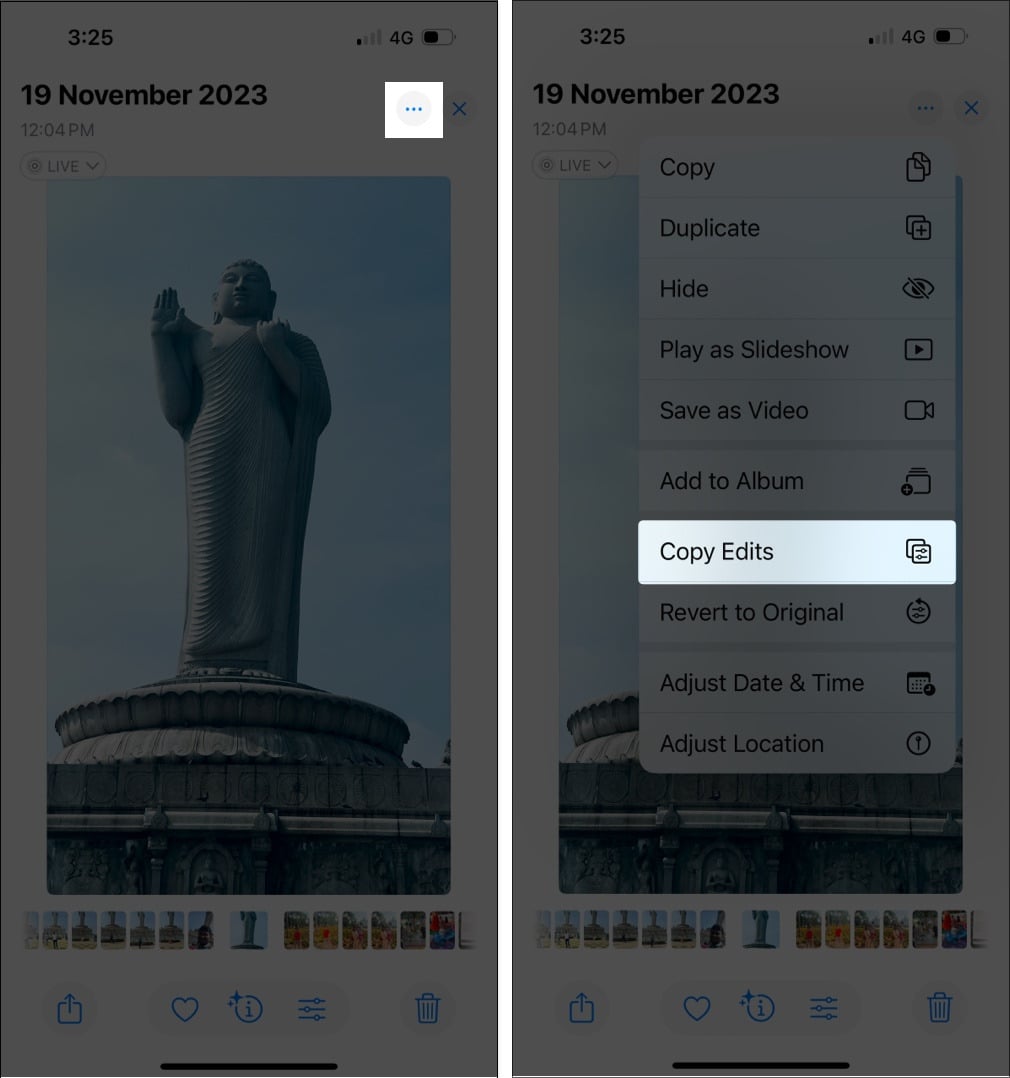 Copying edits from an edited photo in the Photos app on an iPhone.