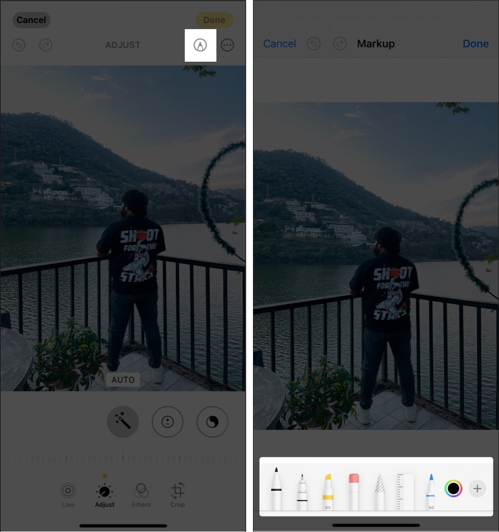 Accessing markup tools in Photos app.