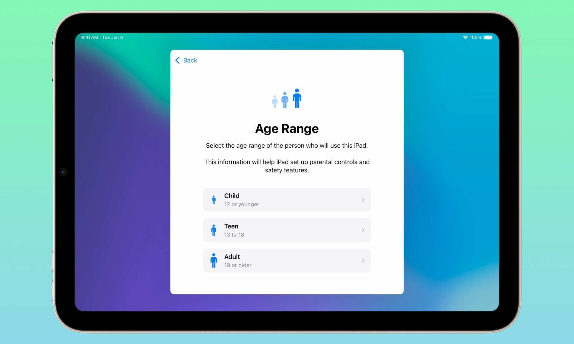 iPadOS 18.4 Age Range during setup