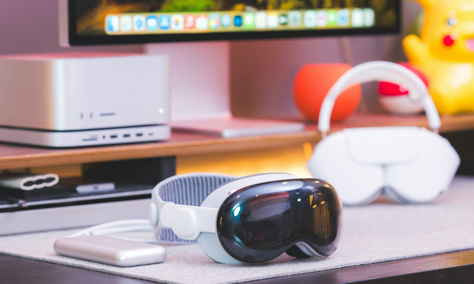 Apple Vision Pro on desk with Mac Studio and Studio Display