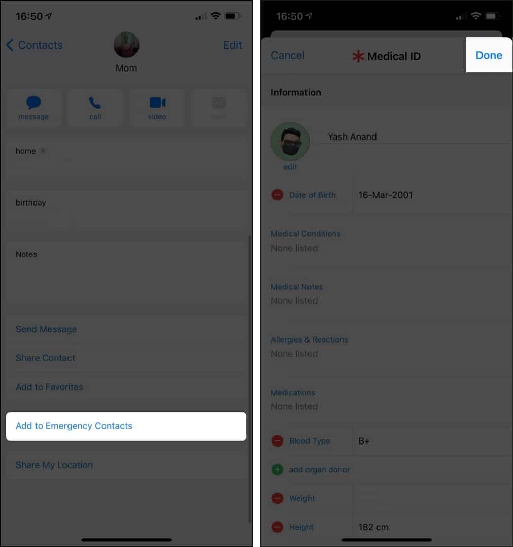 Put emergency contacts on iphone contacts app
