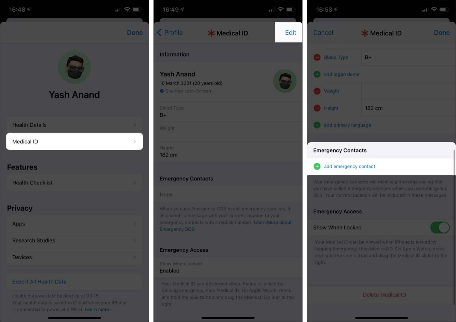 Put emergency contacts on iphone via health app