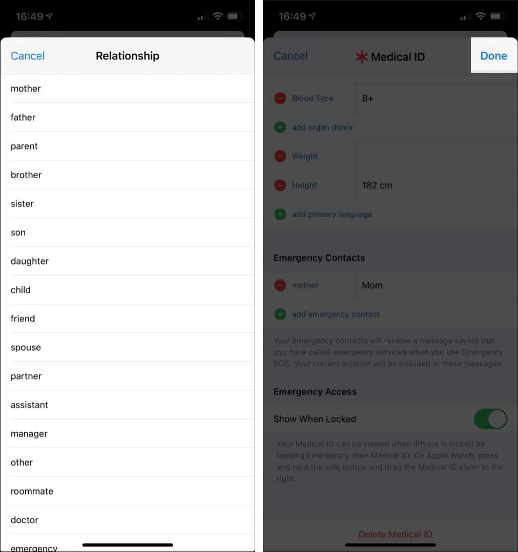 Select the relationship status from health app on iphone