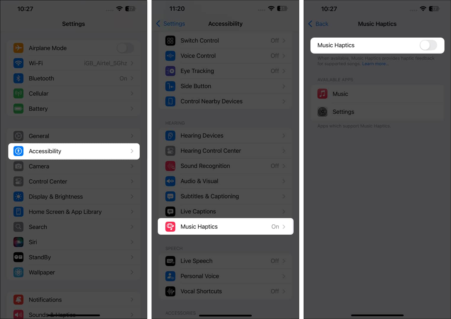 Toggling off the Music Haptics toggle in iPhone Settings.