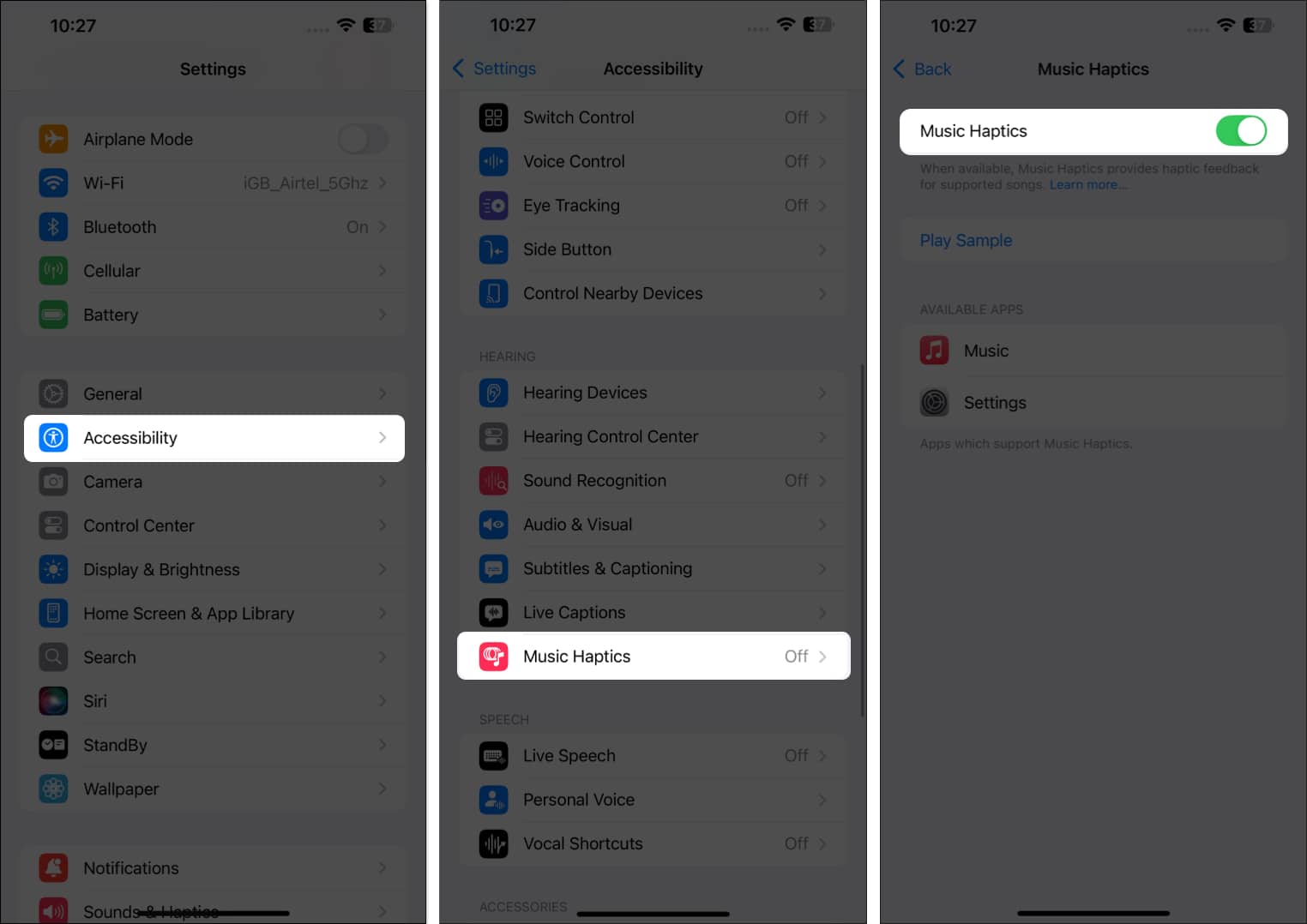 Toggling on Music Haptics toggle in iOS Settings on an iPhone.