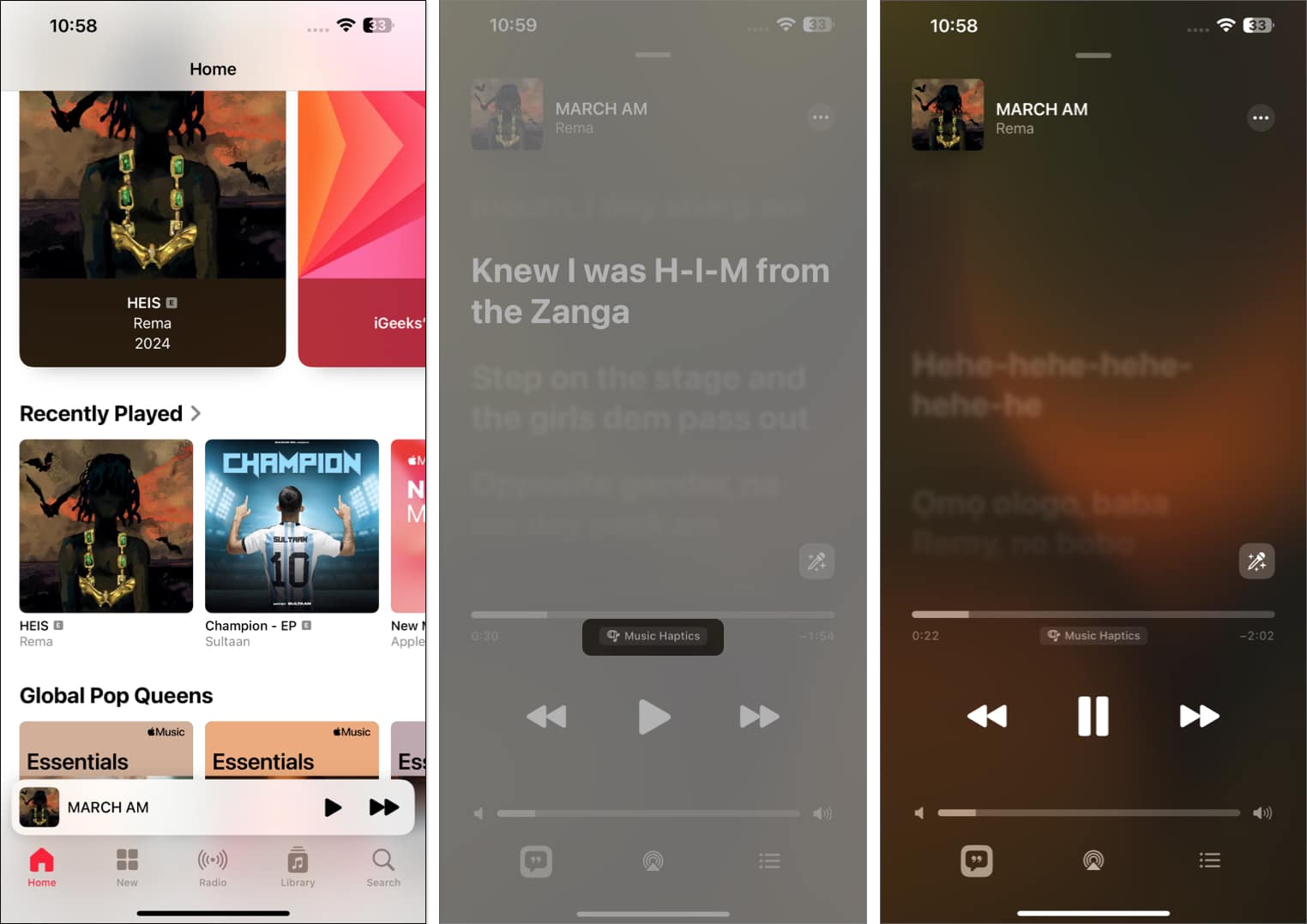 Music Haptics option on the Now Playing screen in the Apple Music app on an iPhone.