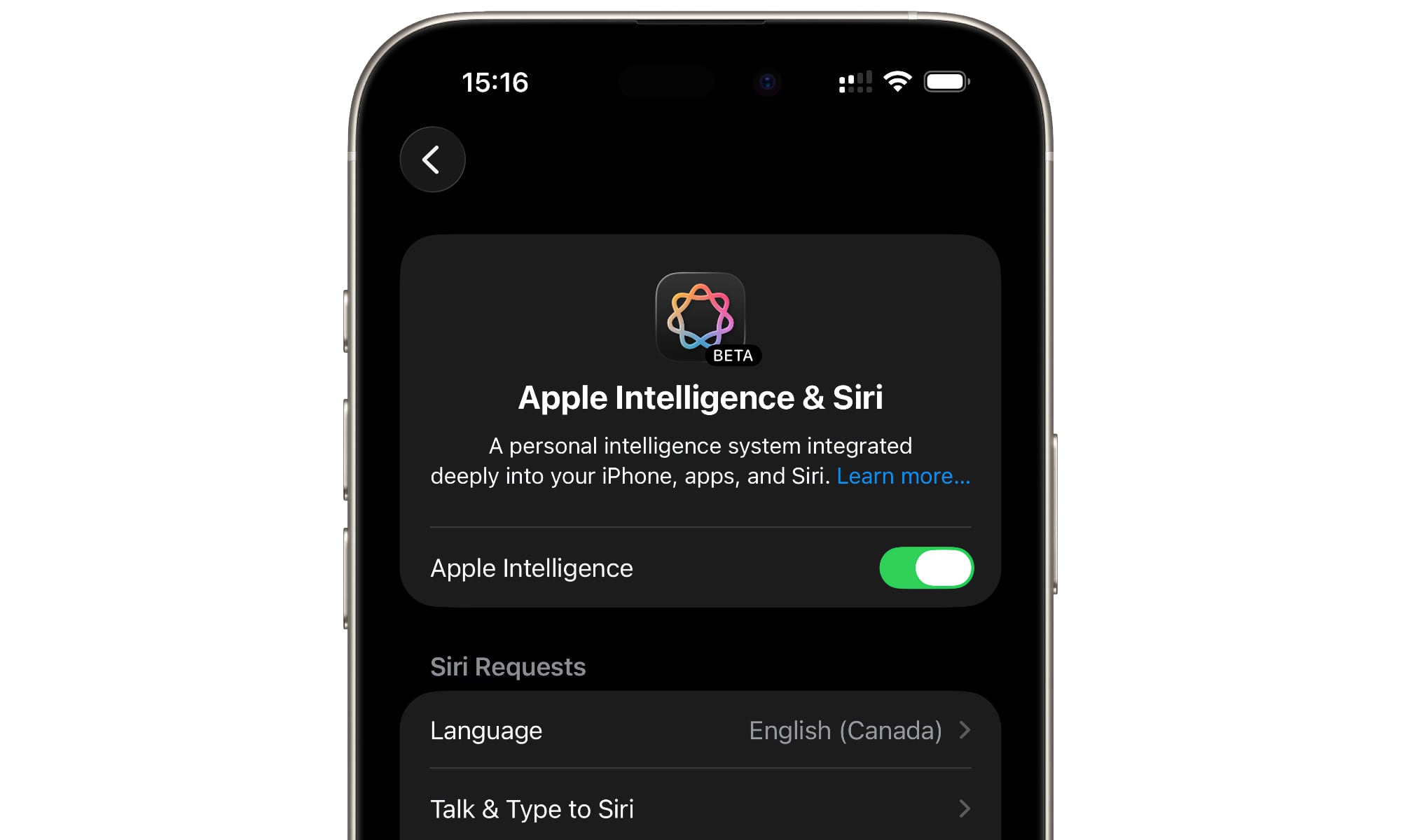 iOS 26.1 beta 1 Apple Intelligence and Siri settings
