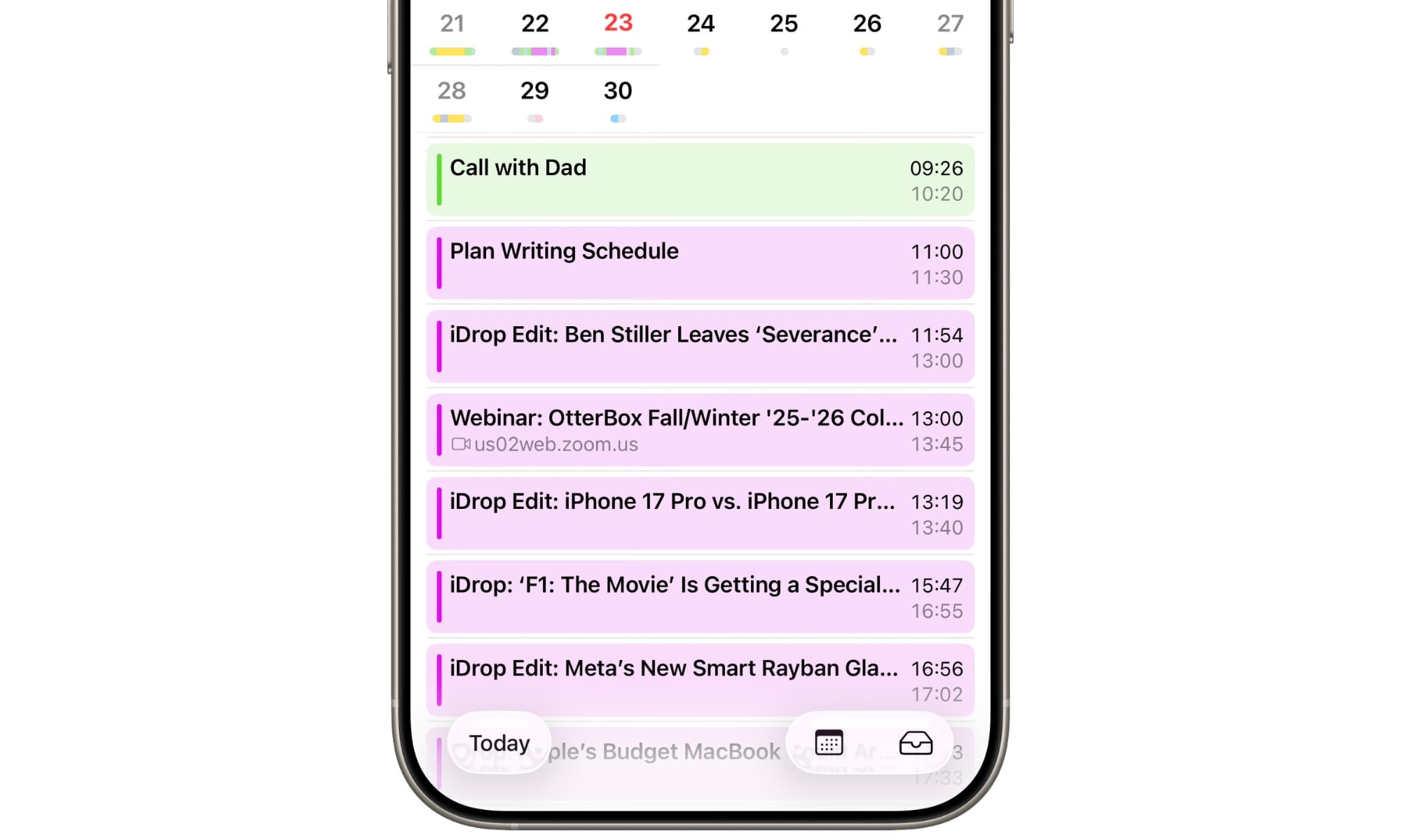 iOS 26.1 beta 1 Calendar event colors in month view