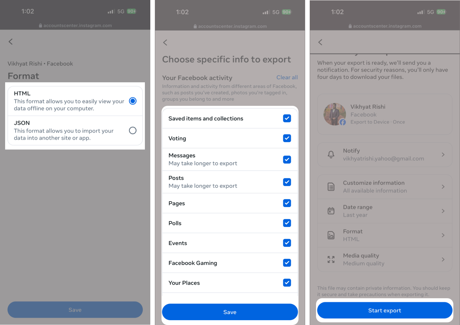 Choose your export options, tap Start Export, and enter your password.