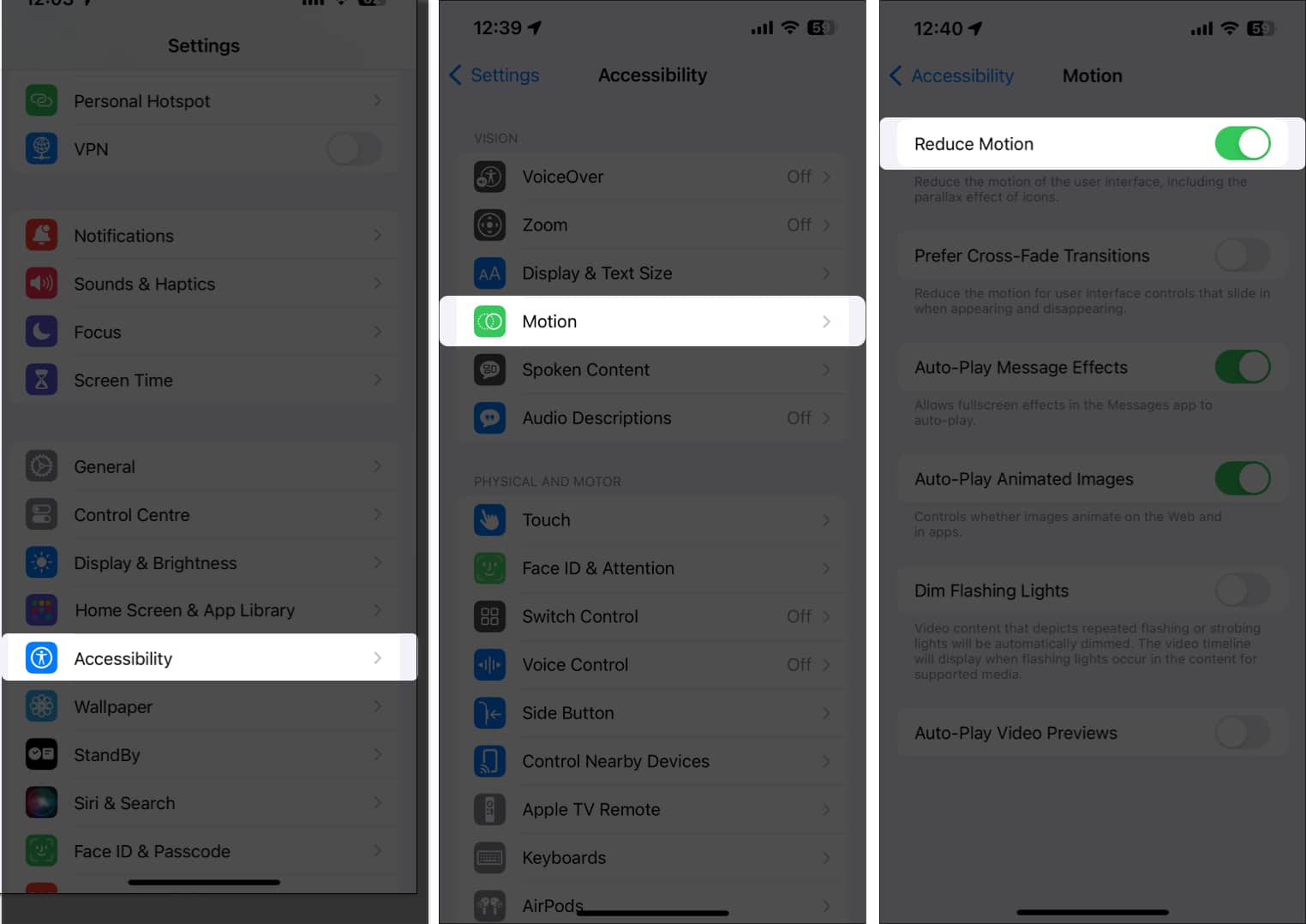Go to settings accessibility motion turn on reduce motion in iphone