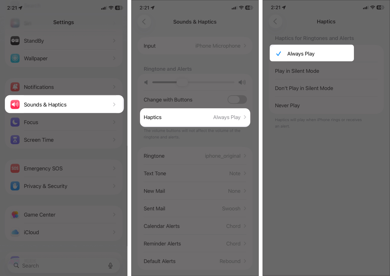Go to Settings Tap on Sounds & Haptics Tap Haptics and Select Always Play