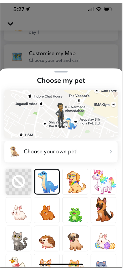 Choosing pet for your Snapchat account with Snapchat plus.