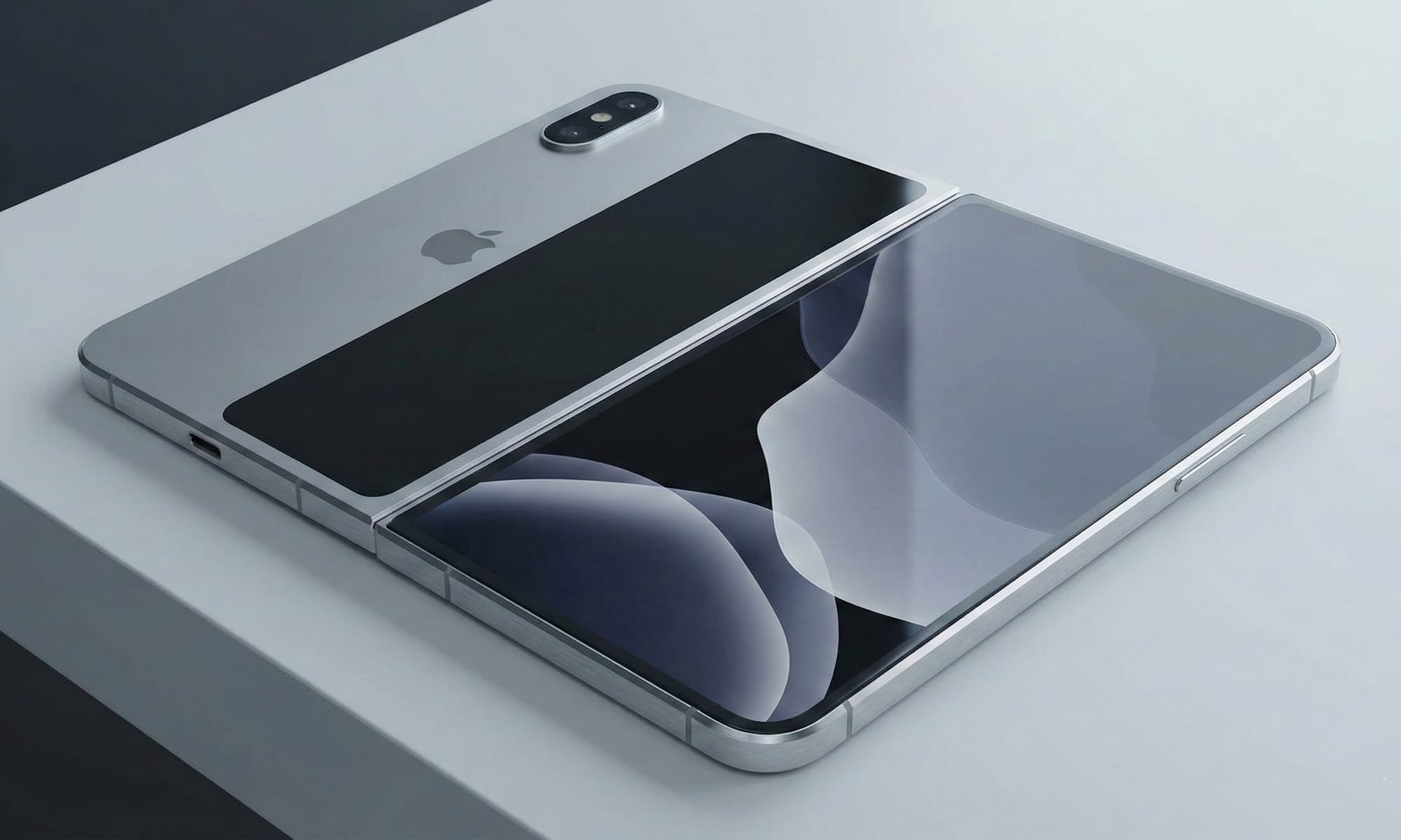 Passport-style iPhone Fold concept shown open with a 7.8-inch display, ultra-thin titanium frame, and side-mounted Touch ID.