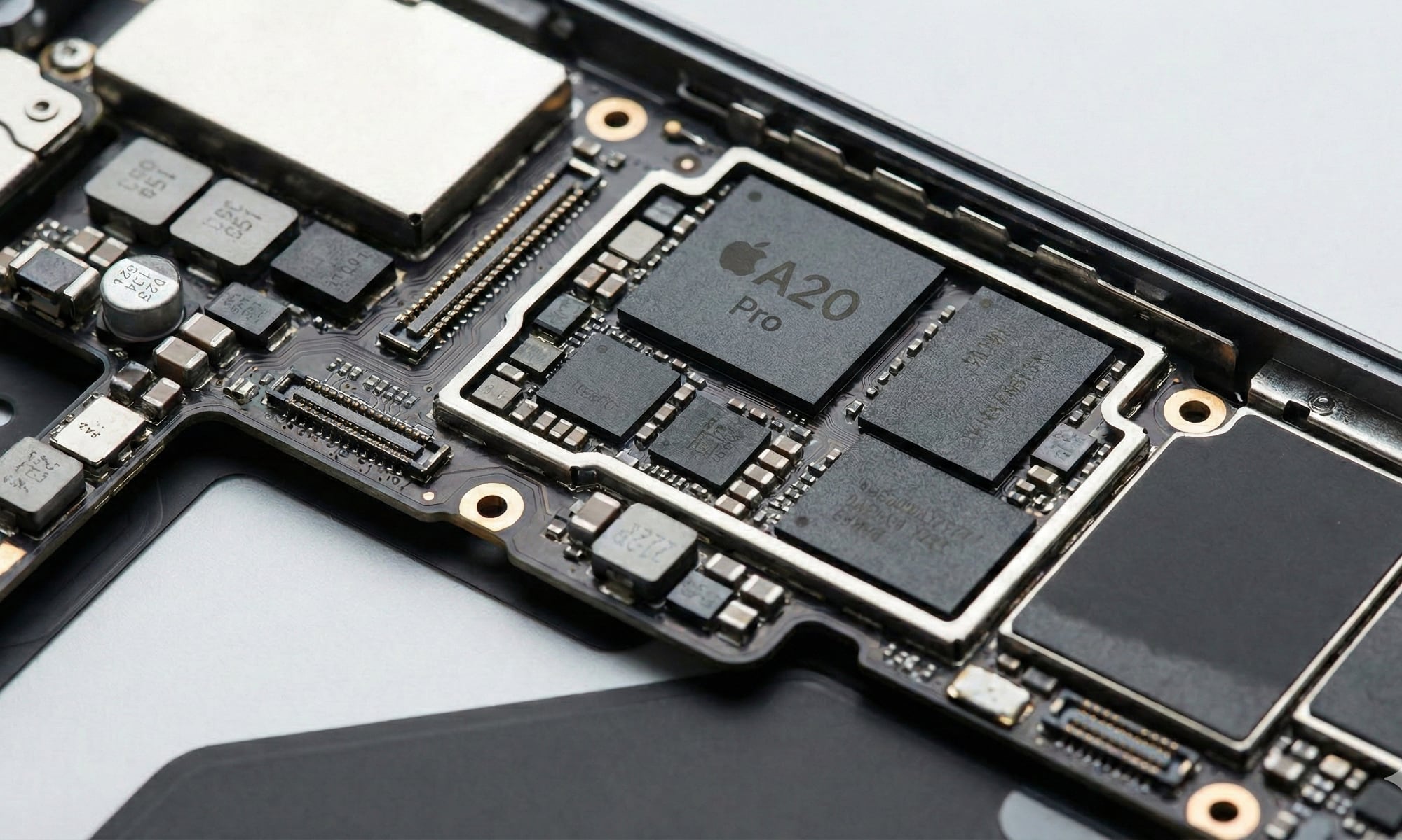 A high-tech macro photograph of an iPhone internal logic board featuring a central "A20 Pro" processor chip with the Apple logo, surrounded by smaller memory modules and intricate circuitry.