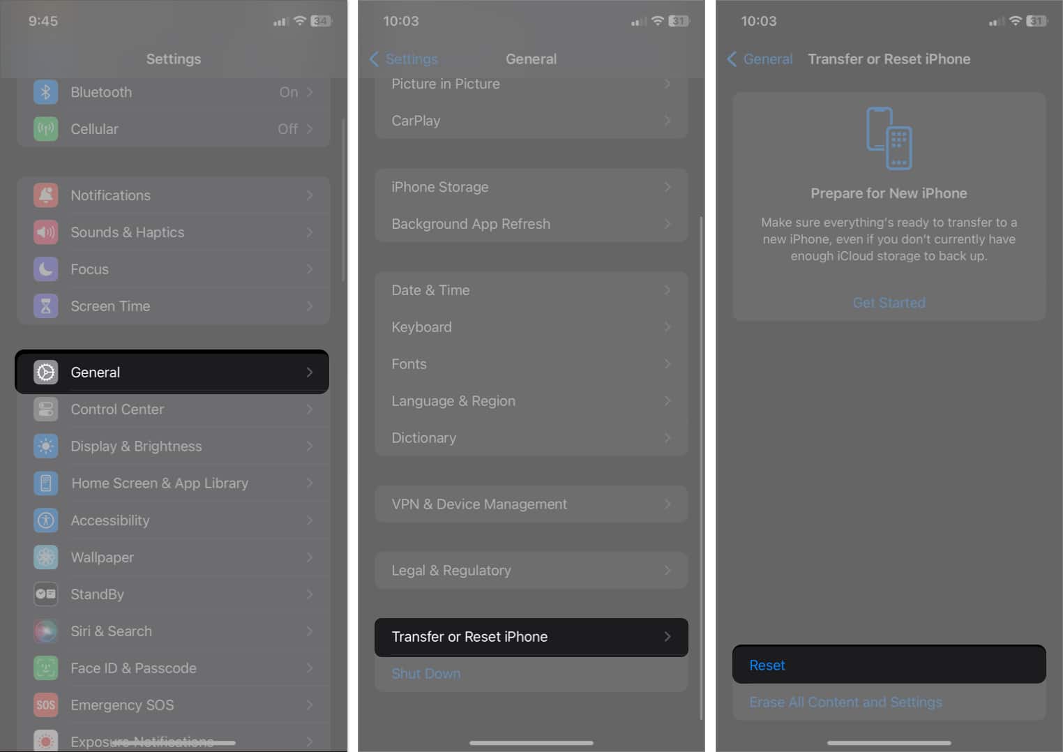 Tap general tap transfer iphone or reset tap reset in settings