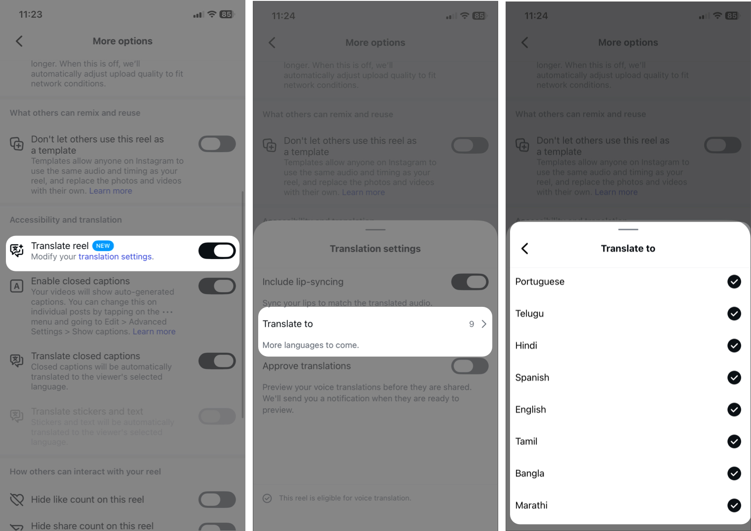Enabling auto-translation and dubbing for Instagram Reels.