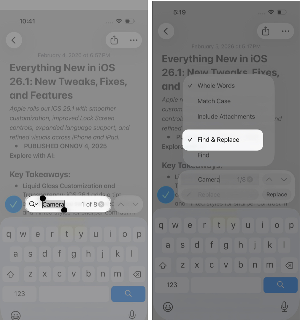 Replacing highlighted text in Notes.